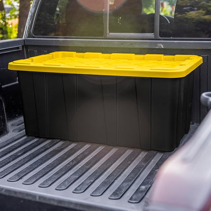 Sterilite 38 Gal Industrial Tote, Stackable Storage Bin with Snap-Fit Lid for Garage, Basement & Attic Storage, Black Base and Yellow Lily Lid, 4-Pack