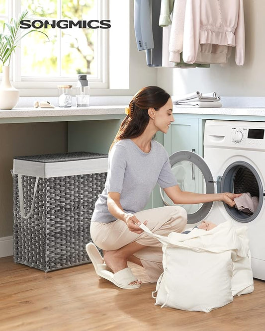 SONGMICS Laundry Hamper with Lid, 90L Clothes Hamper with 2 Removable Liner Bags, 6 Mesh Bags, Wicker Laundry Basket, Double Laundry Hamper for Bathroom, 13 x 18.1 x 23.6 Inches, Gray ULCB251G01V1