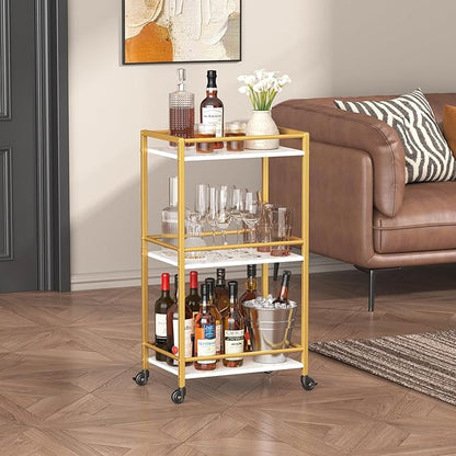 Lifewit Bar Cart for The Home, 3 Tier Rolling Wine Cart, Drink Serving Cart with Lockable Wheels, Mini Liquor Utility Cart for Dining Living Room, 43 x 30 x 81.5 cm/17x 11.8 x 32.1 inch, Gold