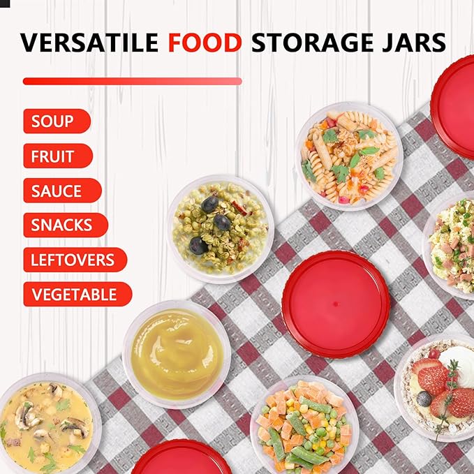 Slomg 10 Pack 16 oz Freezer Storage Containers with Red Twist Top Lids, Small Plastic Food Storage Soup Meal Prep Containers, Leakproof Overnight Quart Containers for Lunch Leftover Fruit Salad Oat