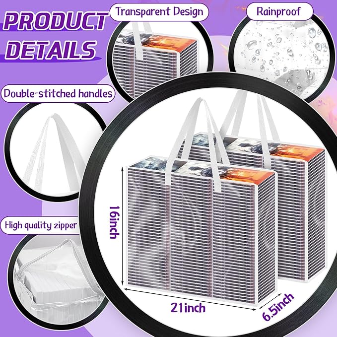 Buryeah 2 Packs Extra Large DVD Storage Bags, Storage Case Holder Organizer Holds up to 360 DVDs Clear Plastic Bags Video with Carrying Handles and Zipper, Media Organizer for Movie VHS(White)