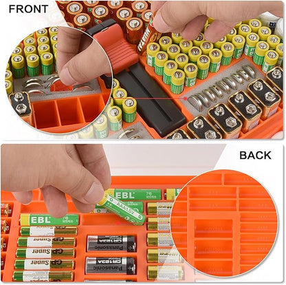 Battery Organizer Storage Holder Case with Double-Sided, Garage Box with Tester Checker. Batteries Container for 269pcs AA AAA AAAA 3A 4A 9V C D Lithium 4LR44 CR2 CR123A CR1632 CR2032 18650 - Orange