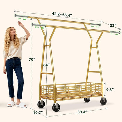 Raybee Heavy Duty Clothes Rack 630LBS, Double Rods Clothing Rack with Storage Basket, Portable Garment Rack for Heavy Clothes, Extendable & Adjustable, Bedroom, Closet, Commercial, Gold