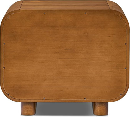 Poly & BARK Oslo 22” Nightstand – Mid-Century Modern Bedside Table with Soft-Close Drawers, Solid and Veneered Acacia Wood Construction, Brass Handles, Light Brown Finish