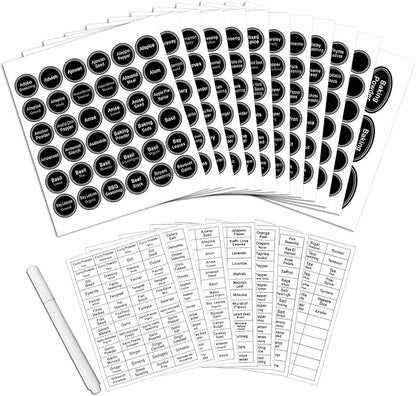SWOMMOLY 771 Printed Spice Jar Labels with Extra Write-on Labels, Pantry Stickers and Chalk Marker Pen. Chalkboard and Transparent Set