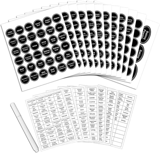 SWOMMOLY 771 Printed Spice Jar Labels with Extra Write-on Labels, Pantry Stickers and Chalk Marker Pen. Chalkboard and Transparent Set