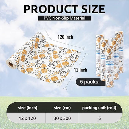 FIFTY FEET 12X120 Inch Shelf Liner for Kitchen Cabinets, PVC Drawer Liner for Dresser Non-Slip Bathroom, Non-Adhesive Cabinet Liner Washable (Yellow Floral)(5 Roll)