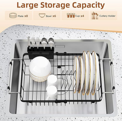 romision Expandable Dish Drying Rack Over The Sink Small Metal Stainless Steel Plate Holder for Compact Kitchen, Space Saving Modern Black Hanging Drainer