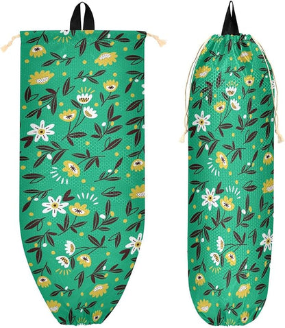 1 PC Plastic Bag Holder Wall Mount Grocery Bag Holder Shopping Bag Trash Bag Storage Organizer Dispenser for Kitchen Closet 22 x 9 Inch Small Flowers Green