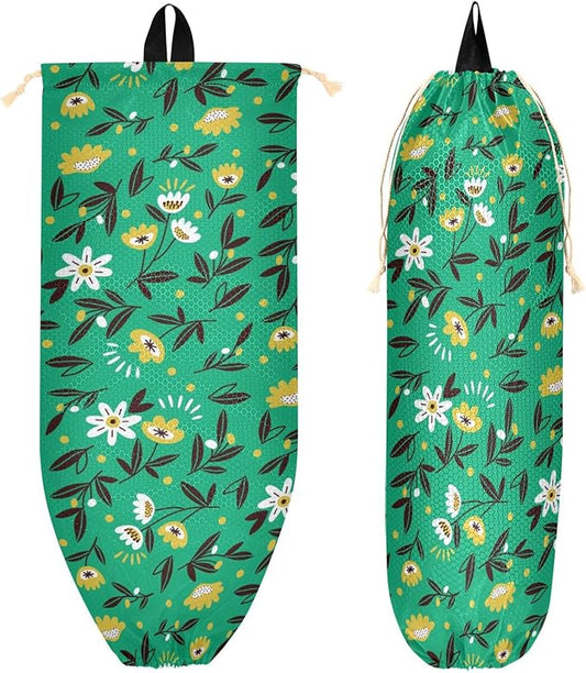 1 PC Plastic Bag Holder Wall Mount Grocery Bag Holder Shopping Bag Trash Bag Storage Organizer Dispenser for Kitchen Closet 22 x 9 Inch Small Flowers Green