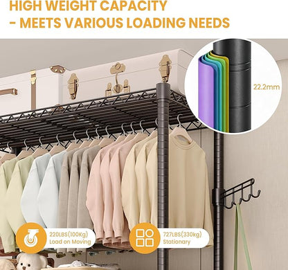 Garvee 3 Tier Clothes Rack with Wheels, Adjustable Shelves & 2 Hanging Rod, Heavy Duty Clothing Rack Closet Organizer Freestanding Wardrobe for Hanging Clothes, 79.6" H x 45.3" W x 15.8" D, Black