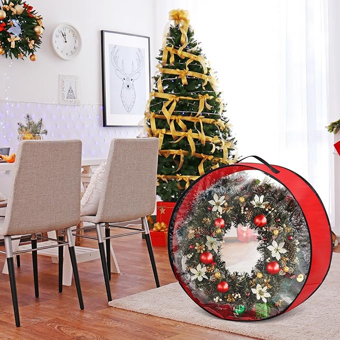 4 Pcs Christmas Wreath Storage Bag, Christmas Garland Storage Container with Clear Window, Zipper & Handle for Xmas Holiday Seasonal Wreath Garland Box(Red,36")