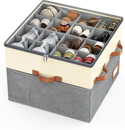 Lewondr Shoe Organizer for Closet, Foldable Shoe Storage Box with Adjustable Dividers and Clear Cover, Space Saving Shoes Holder with 4 Handles, Fits up to 32 Pairs, Beige+Gray