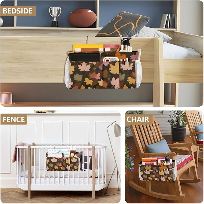 CuwrYet Bedside Caddy Hanging Bunk Bed Caddy Bed Organizer Hanging Pocket with 2 Hooks Bedside Storage Organizer Pocket Bag Holder Various Maple Leaves