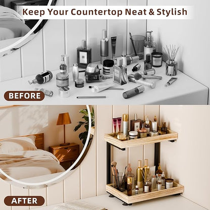 2-Tier Bathroom Counter Organizer with Suction Cups - Non-Slip Vanity Countertop Organizers for Makeup, Perfume & Skincare, Wooden Counter Storage Shelf for Bathroom, Sink, Kitchen