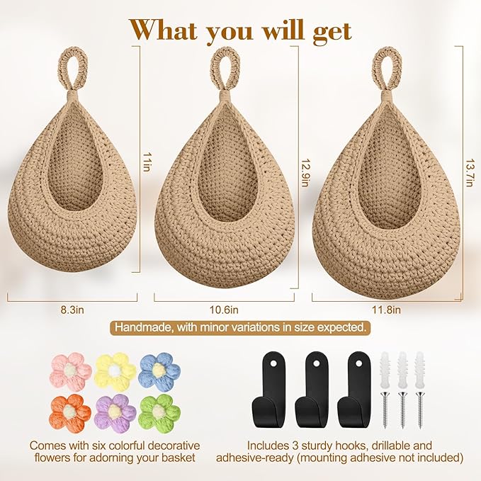 Boho Hanging Fruit Baskets for Kitchen with Hooks and Deco Flowers, 3 Pack handwoven Cotton hanging basket, Wall Basket for Vegetable Potato Onion Home Produce Storage (brown)