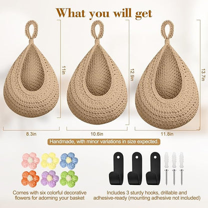 Boho Hanging Fruit Baskets for Kitchen with Hooks and Deco Flowers, 3 Pack handwoven Cotton hanging basket, Wall Basket for Vegetable Potato Onion Home Produce Storage (brown)