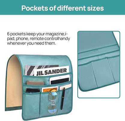Teniux Remote Control Holder Faux Leather Armrest Organizer with 6 Pockets for recliner couch sofa, Armchair Caddy for Smart Phone, Book, Magazines, Ipad, Remotes (Teal)