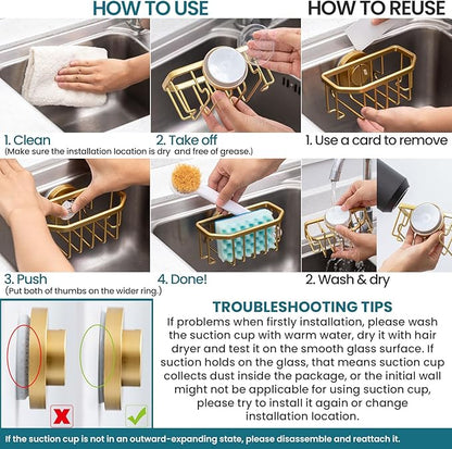 TAILI Sponge Holder for Kitchen Sink with Strong Suction Cup, Rustproof Aluminum Sink Caddy for Sponges, Brushes, Stoppers & Scrapers, Gold