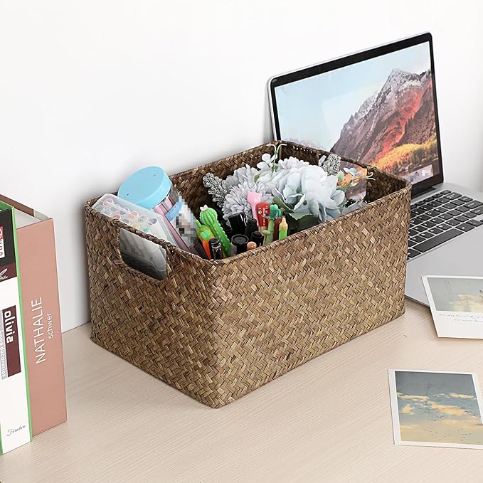 Hipiwe Seagrass Storage Basket for Shelf Organizing, Opened Baskets Bin Handwoven Wicker Baskets Rectangular Decorative Basket Multipurpose Closet Bedroom Organizer Bin Box with Handle, Small