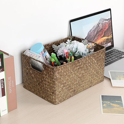 Hipiwe Seagrass Storage Basket for Shelf Organizing, Opened Baskets Bin Handwoven Wicker Baskets Rectangular Decorative Basket Multipurpose Closet Bedroom Organizer Bin Box with Handle, Small