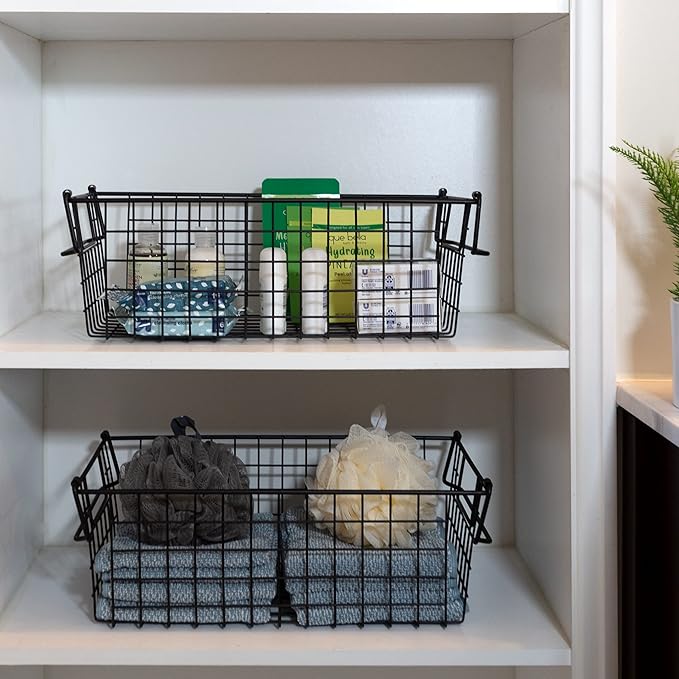 Set of 2 Storage Bins for Kitchen and Bathroom Organizer - Basket Set for Toy, Kitchen, Closet, and Bathroom Storage - Medium Shelf Organizers with Handles by Home-Complete (Black)