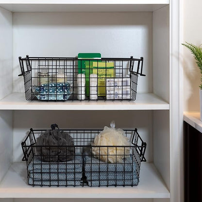 Set of 2 Storage Bins for Kitchen and Bathroom Organizer - Basket Set for Toy, Kitchen, Closet, and Bathroom Storage - Medium Shelf Organizers with Handles by Home-Complete (Black)
