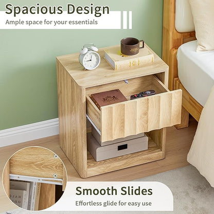 Bifins Fluted Dresser, Small Nightstands Set of 2, Natural Bedside Table with Drawer and Storage, Mid Century Modern Side Table for Bedroom Sofa
