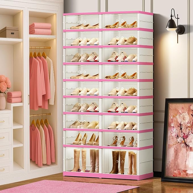 CIMLORD 9-Tier Foldable Shoe Rack Organizer for Closet,36 Pairs Collapsible Plastic Shoe Shelf,Large Shoes Cabinet with Door,Clear Stackable Storage Box Easy Assembly（White-Pink）