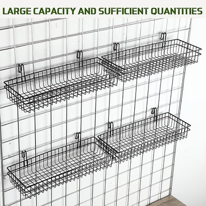 Blulu 4 Pcs 15.75 x 5.91 x 1.97 Inch Metal Grid Wall Baskets with Hooks Grid Wall Shelves Hanging Wire Basket Multi Function Storage Organizer for Kitchen Organizing Display (Black)