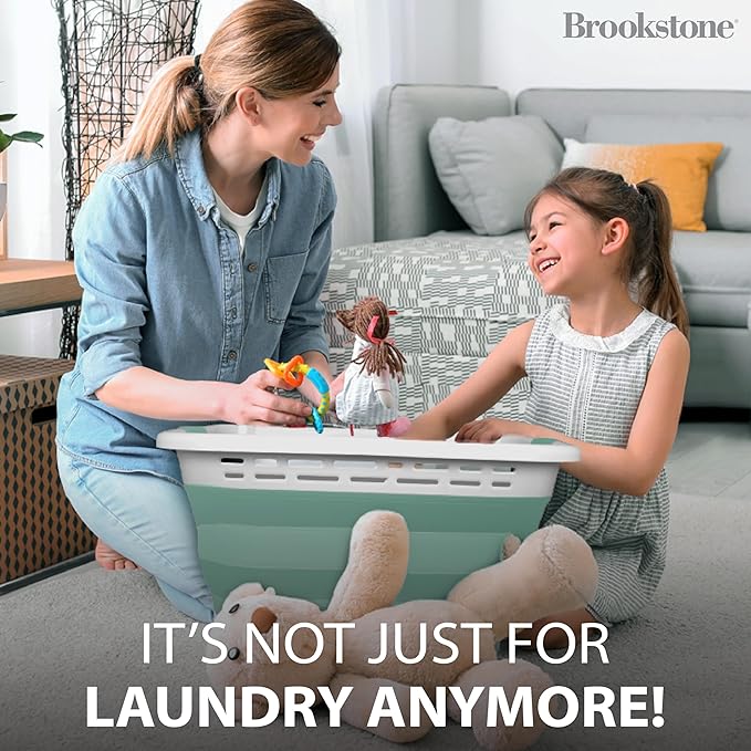 BROOKSTONE 11 GALLON XL 24" Collapsible Laundry Basket, Comfort Non-Slip Grip Handles, Modern Minimalist Space Saving Design, Portable Pop-Up Hamper, BPA FREE, Mint, 1 Basket