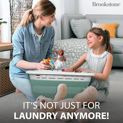 BROOKSTONE 11 GALLON XL 24" Collapsible Laundry Basket, Comfort Non-Slip Grip Handles, Modern Minimalist Space Saving Design, Portable Pop-Up Hamper, BPA FREE, Mint, 1 Basket