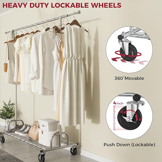 Heavy Duty Clothes Rack Load 480 LBS Rolling Clothes Racks for Hanging Clothes, Commercial Collapsible & Portable Metal Garment Rack, Coat Rack on Wheels