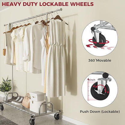 Heavy Duty Clothes Rack Load 480 LBS Rolling Clothes Racks for Hanging Clothes, Commercial Collapsible & Portable Metal Garment Rack, Coat Rack on Wheels