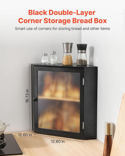 VEVOR Corner Bread Box for Kitchen Counter, Double Layer Large Capacity Bamboo Bread Storage Container, Farmhouse Wooden Breadbox for Homemade Bread, Storage Holder Bin with Acrylic Wavy Door, Black