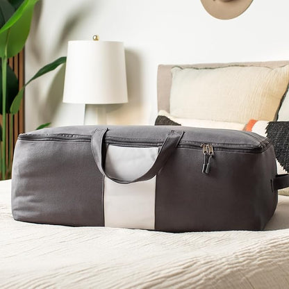 Soft Canvas Storage Bags with Zipper. Thick Breathable, 1pc King/Queen Comforter Organizer. Four Carrying Handles and Window. Large 25x19x9in Bag for Sheets Blankets Bedding Pillows, Clothes (Grey)
