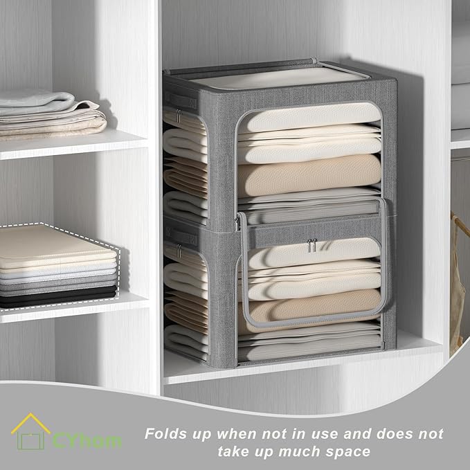 3Pack Stackable Foldable Storage Bin - Metal Frame Storage Box Clothing Storage Organizer with Clear Window, Carry Handles (66L-19.7x15.7x13in, Dark Grey)