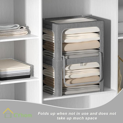 3Pack Stackable Foldable Storage Bin - Metal Frame Storage Box Clothing Storage Organizer with Clear Window, Carry Handles (66L-19.7x15.7x13in, Dark Grey)