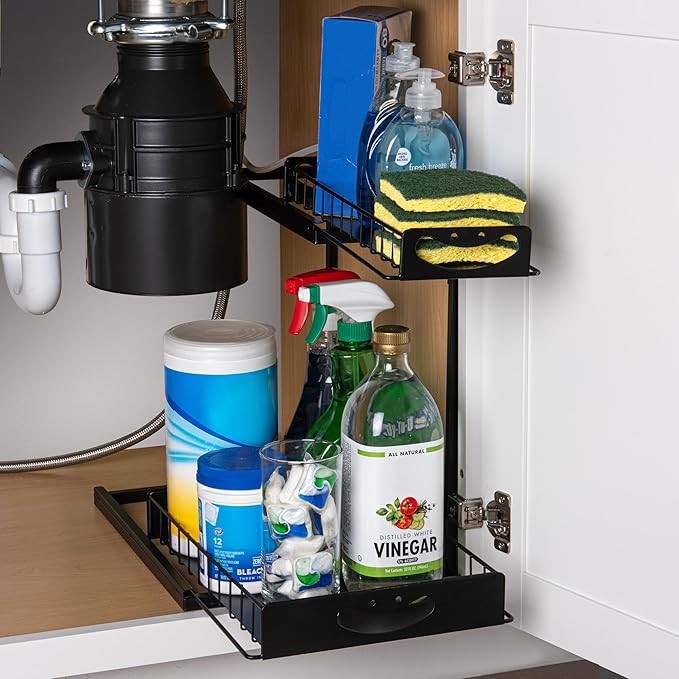 ClearSpace Under Sink Organizer, Pull Out Cabinet Organizer - 2 Tier Slide Out Organizers and Storage Shelf - Metal Sliding Drawer for Kitchen Bathroom Pantry Cabinet Organization Rack, Black