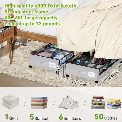 Under Bed Storage with Wheels, 2-Pack Under the Bed Storage Containers with Clear Lids & Label, Underbed Storage Bins, XXL 60L Rolling Metal Drawer for Clothes, Shoes, Toys, Books - Gray