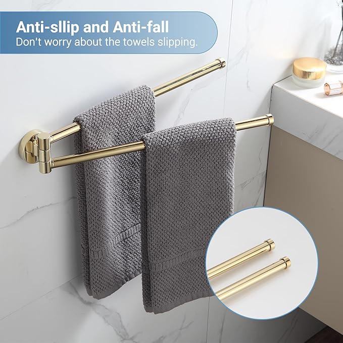 BGL Swivel Towel Bar for Bathroom Gold,Swing Out Double Towel Bar 2-Arm Kitchen Wall Mounted Towel Hanger Holder for Bathroom Organizer