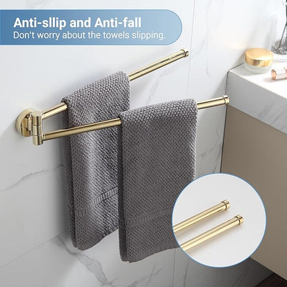 BGL Swivel Towel Bar for Bathroom Gold,Swing Out Double Towel Bar 2-Arm Kitchen Wall Mounted Towel Hanger Holder for Bathroom Organizer