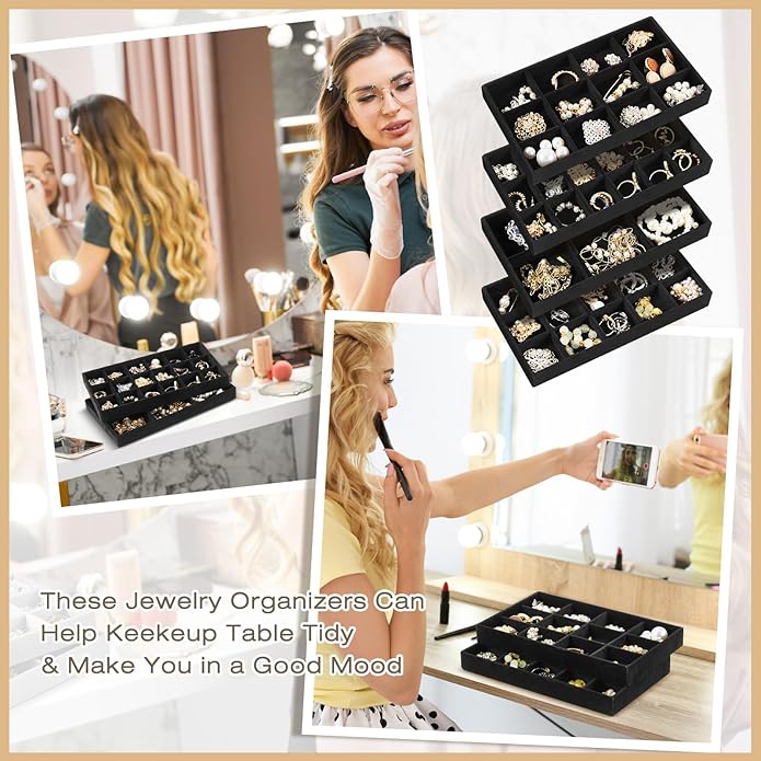 Junkin 12 Pcs Jewelry Tray Velvet Stackable Jewelry Organizer Trays Divided Earring Accessories Storage Containers Box (Rose Red)