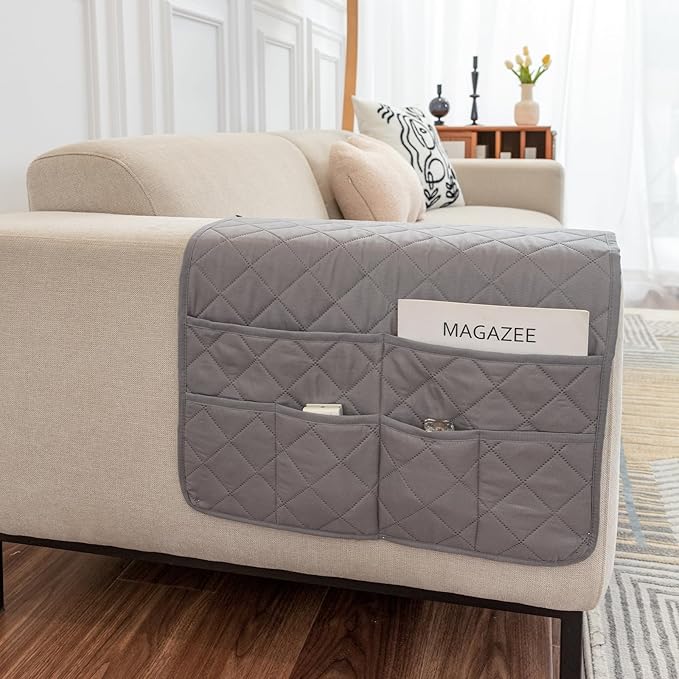 OYX Recliner Armrest Organizer with 6 Pockets, Non-Slip Remote Control Holder for Couch, Sofa & Bedside Storage, Compatible with Phone, iPad, Magazines