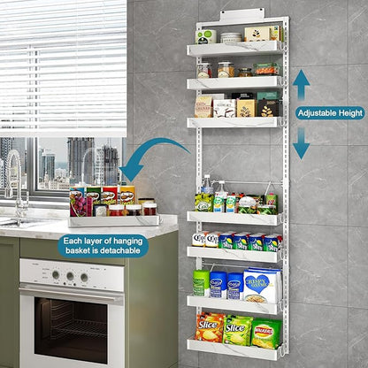 bukfen Over the Door Pantry Organizer,8-Tier Adjustable Basket Kitchen Pantry Door Organization and Storage, Heavy-Duty Metal Hanging Kitchen Spice Rack,D6.3 x W17.32 x H66.93 inch,White Marble Color