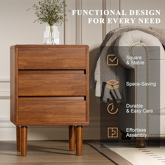 Nightstand with 3 Drawers Narrow Night Stand Solid Wood Bedside Table Mid Century Modern Nightstand Wooden End Table for Bedroom, Living Room, Study, Office