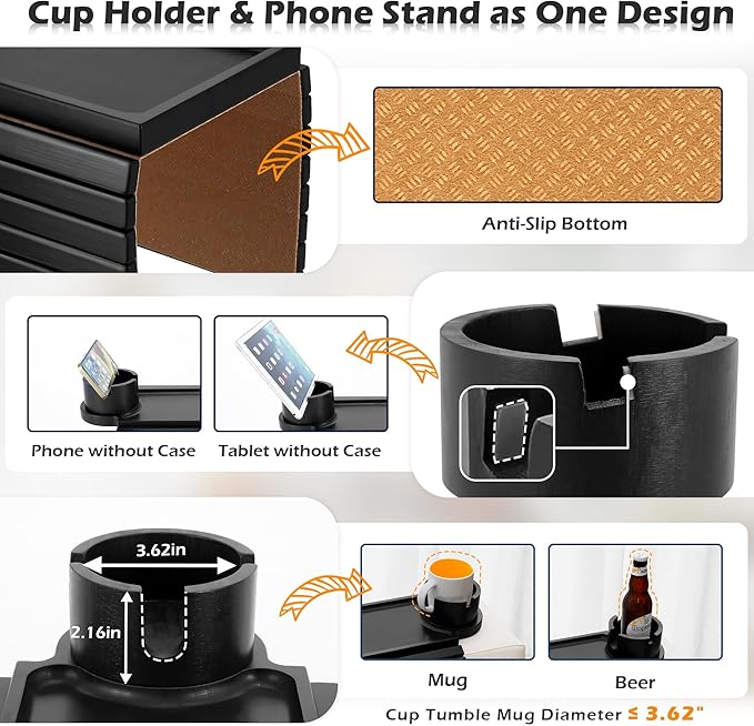 Couch Cup Holder Tray, 3 in 1 Large Couch Arm Trays,Bamboo Chair Clip on Tray with 360° Ratated Phone Holder for Couch,Armrest Tray for Snacks,Remote,Phone