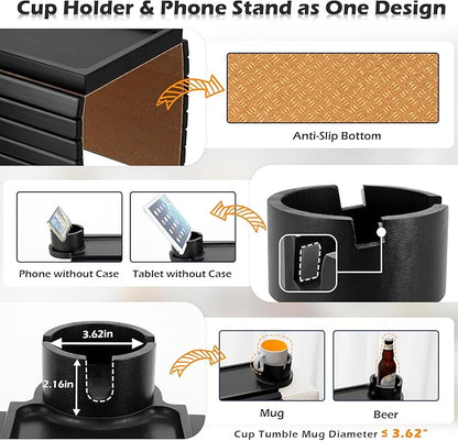 Couch Cup Holder Tray, 3 in 1 Large Couch Arm Trays,Bamboo Chair Clip on Tray with 360° Ratated Phone Holder for Couch,Armrest Tray for Snacks,Remote,Phone