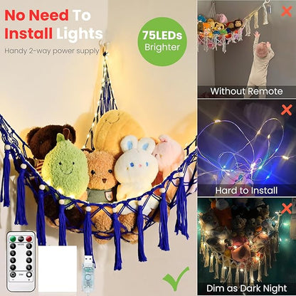 Stuffed Animal Hammock, 55in Storage Macrame Hammock with 75LEDs, Hanging Net for Kids Bedroom Doll Room Corner Organizer, USB Powered Plush Animal Storage Net with Remote (Dark Blue, XL)