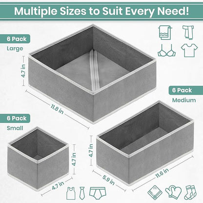 RFAQK 18 Pack Drawer Organizer Clothes-3 Sizes Dresser Organizer for Underwear Closet, Baby Clothes Organizer for Wardrobe-Foldable Fabric Drawer Dividers for Bedroom,Lingerie,Undies,Bra-Grey